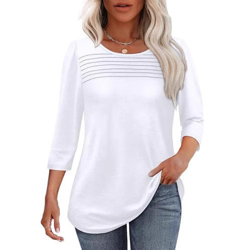 European And American Ladies Autumn And Winter Round Neck Three-quarter Sleeve Chest Tuck Line Peplum Top