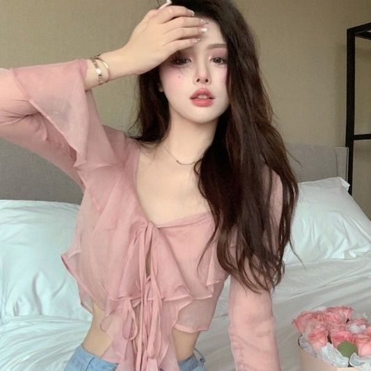 Pure Design Ruffled V-neck Chiffon Long Sleeve Shirt