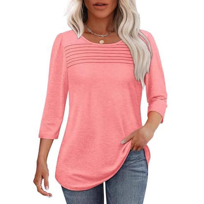 European And American Ladies Autumn And Winter Round Neck Three-quarter Sleeve Chest Tuck Line Peplum Top